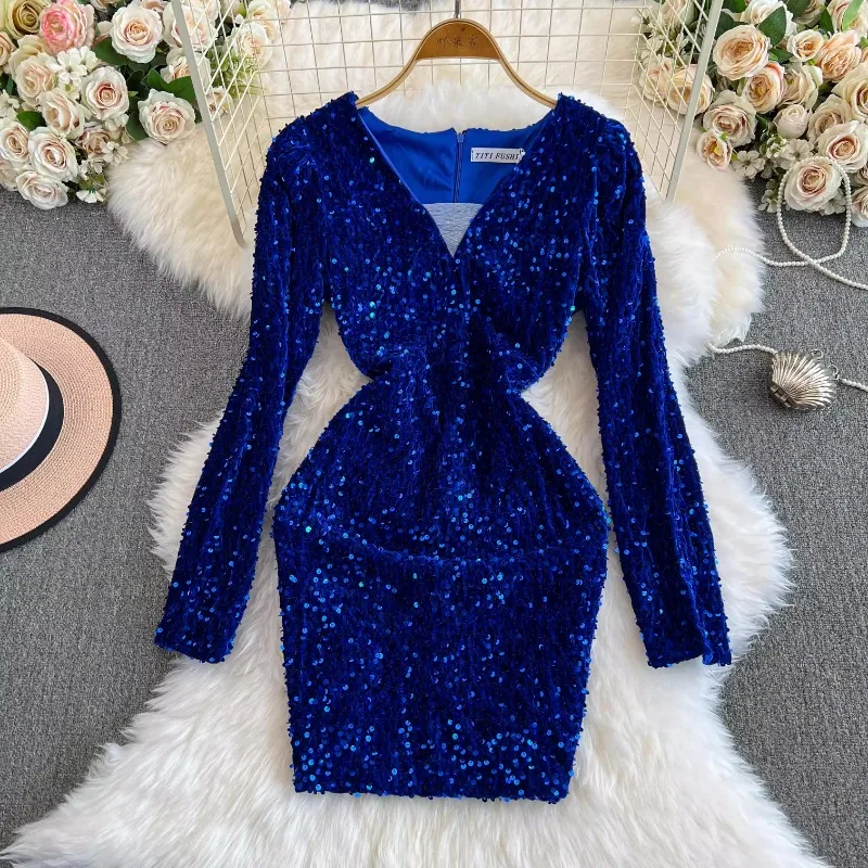 Robe en velours à manches longues et col en V, robe crayon, robe courte, paillettes, mince, français, vintage, élégant, éducatif, tenues d'anniversaire
