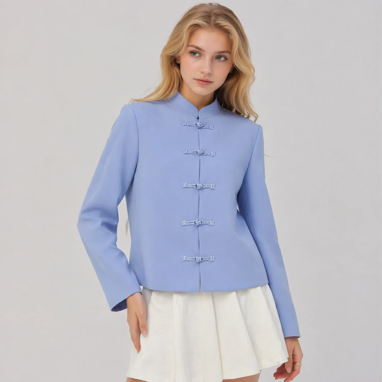 PUAL Chaqueta de Mujer con Cuello Mao y Botones de Rana Estilo Chino, Traje Tang Vintage, Elegante Abrigo de Manga Larga, Blazer Casual Chic para Uso Diario