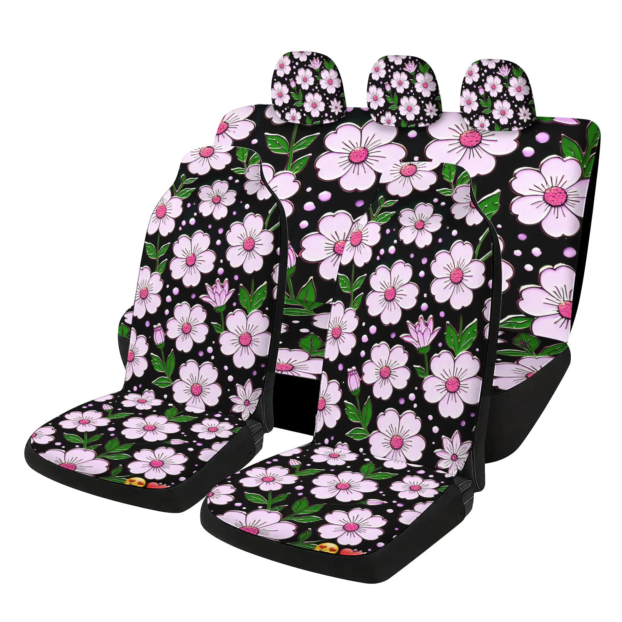 2D Plane 7pcs Set Pink Cherry Blossom Print Car Seat Covers Set - Including 2 Front Seat Covers + 1 Rear Seat Back Cover + 1Rear