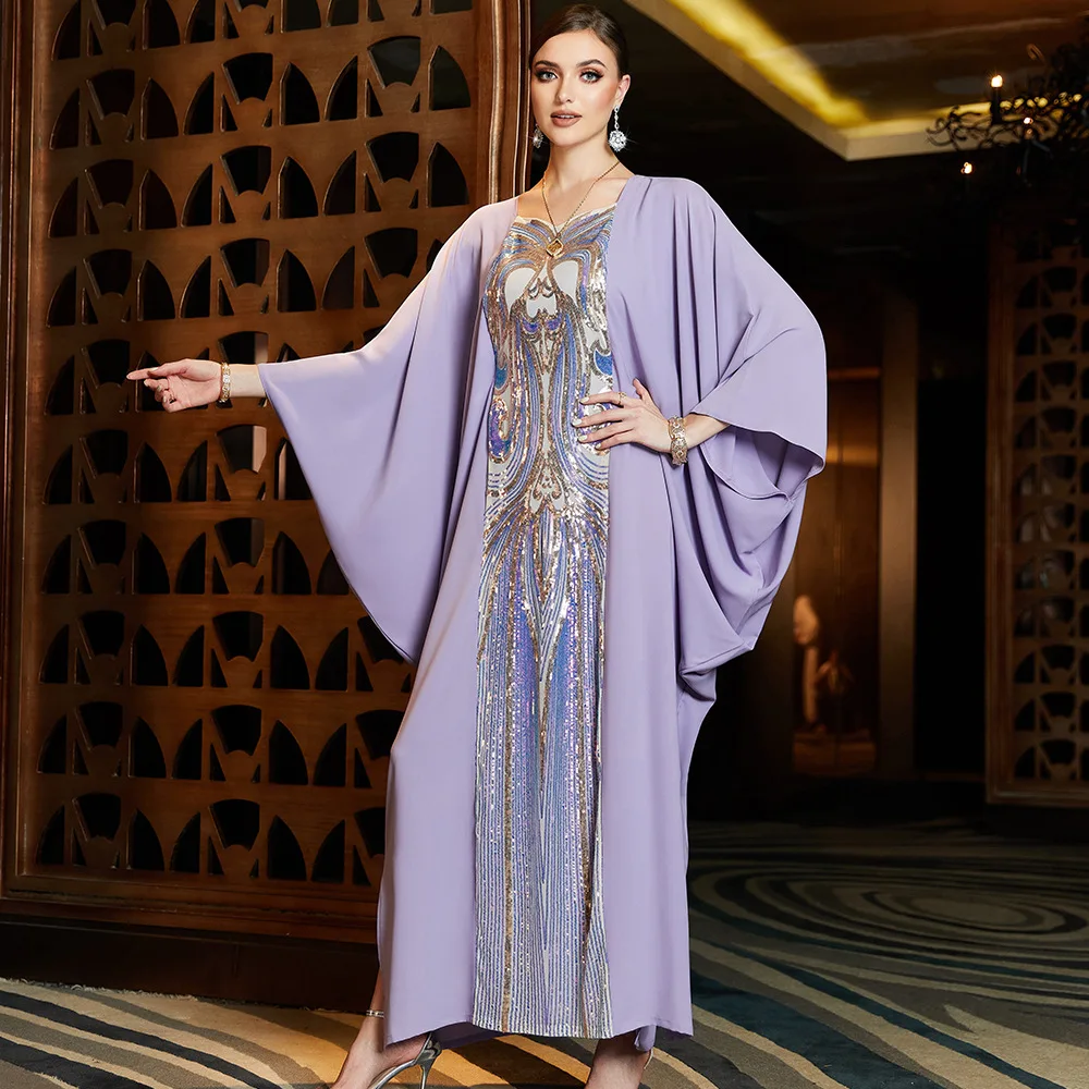 2024 Dubai Evening Dress Women Abaya Bat Sleeve Sequin Fashion Muslim Clothing Moroccan Jilbab Hijab Robe Islam Turkey Abayas