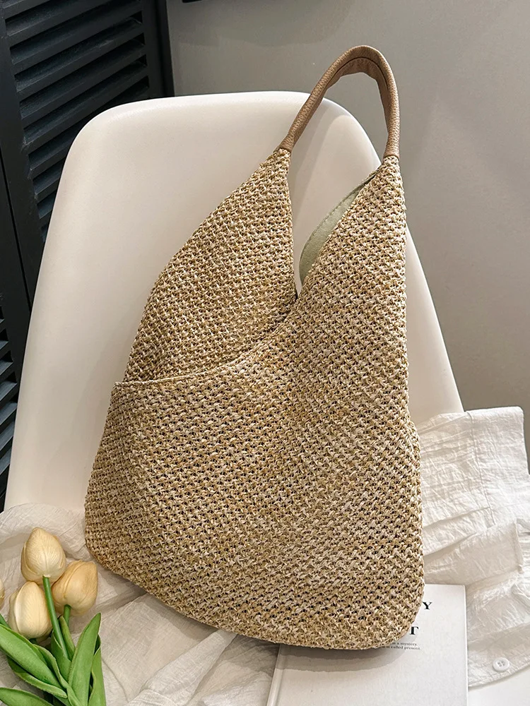 Summer Grass Woven Underarm Bag For Women New Trendy Large Capacity Commuting Tote Bag Texture One Shoulder Beach Bucket Bag