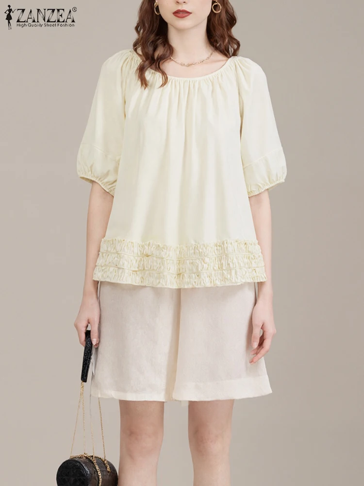 

Летние топы ZANZEA 2029, женские блузки с рюшами и грибком, повседневные модные свободные однотонные корейские блузки с пышными рукавами и круглым вырезом