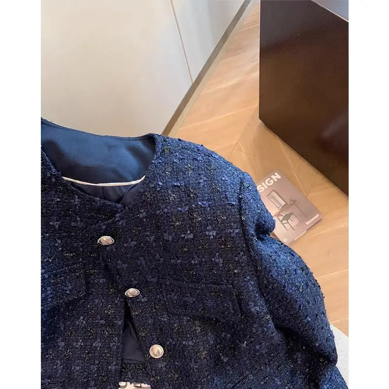 KUSAHIKI Navy Blue Fashion Weave Short Coat Chic Single Breasted Jackets Women\'s Autumn 2023 Korean Long Sleeve Cardigan Top