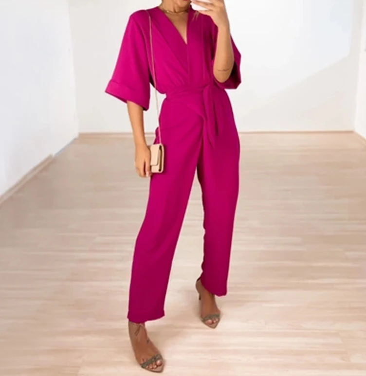 Women's Casual Jumpsuit Summer Elegant Sweet Solid Color Loose V-neck Flared Short Sleeved Tie Details Straight Pants Jumpsuit