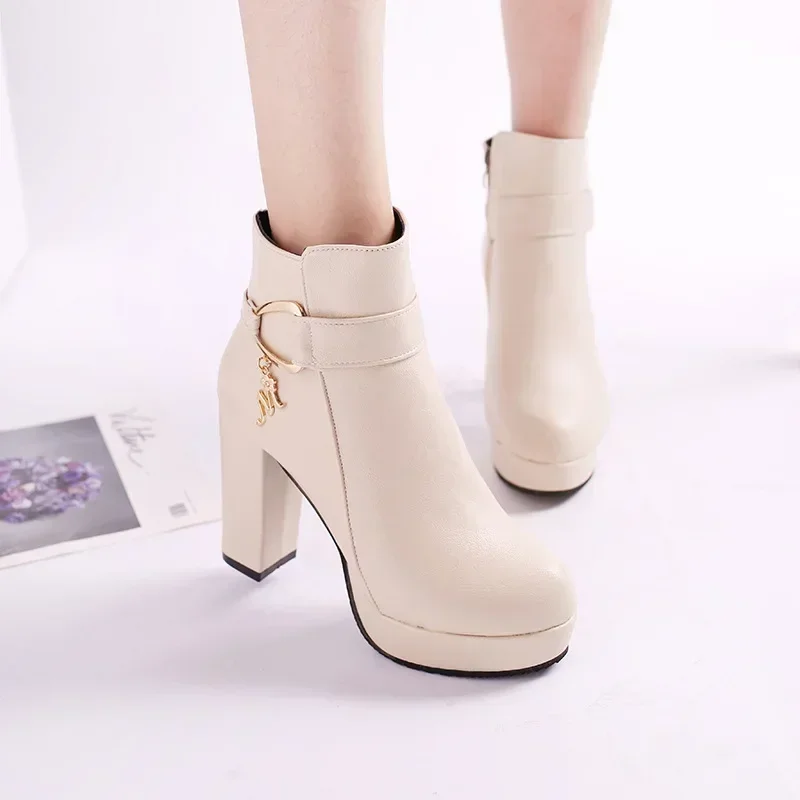 2024 Women Fashion Ankle Boots New Warm Velvet Chunky High Heels Shoes Snow Boots Comfort Soft Leather Cotton Shoes