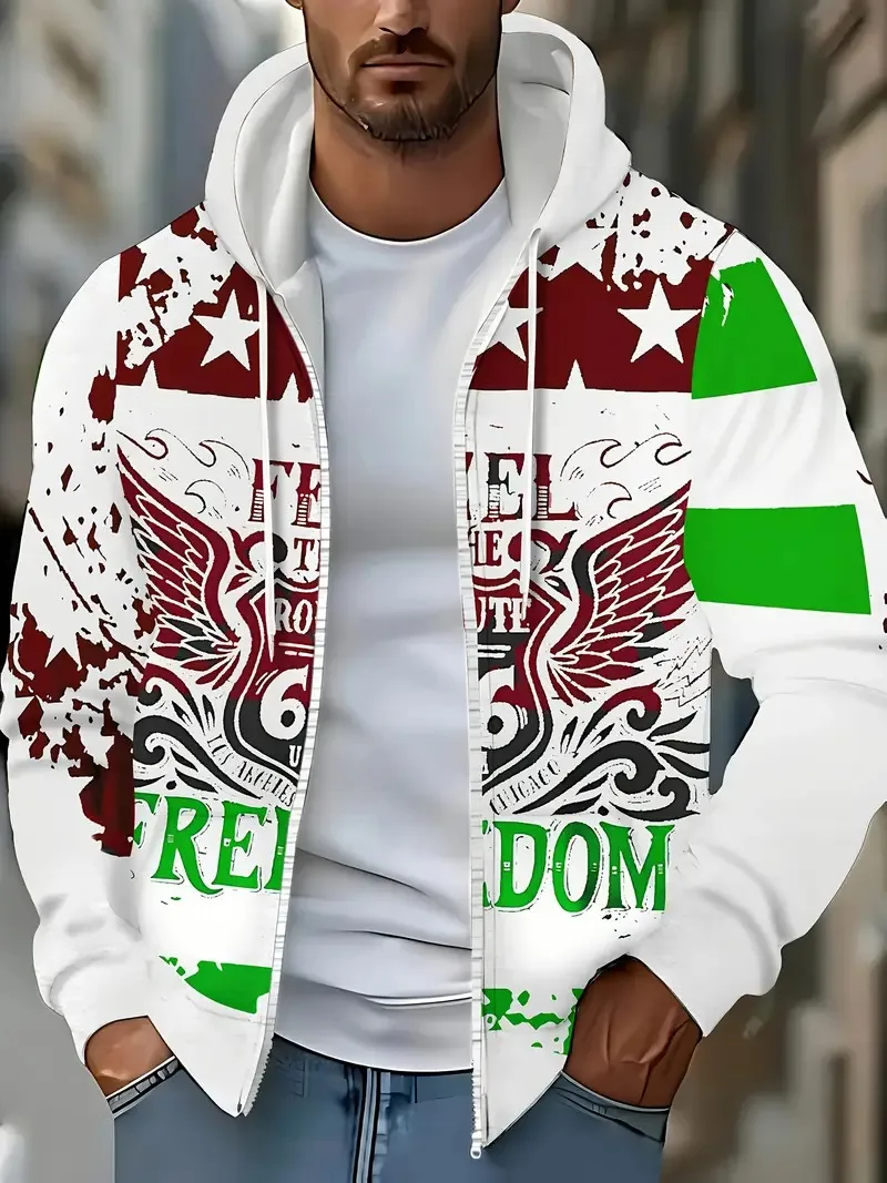 American Flag Wing And Free Print Men's Zipper Hooded Jacket Casual Outdoor Spring And Autumn Jacket Y2K Zipper Men Hooded Shirt