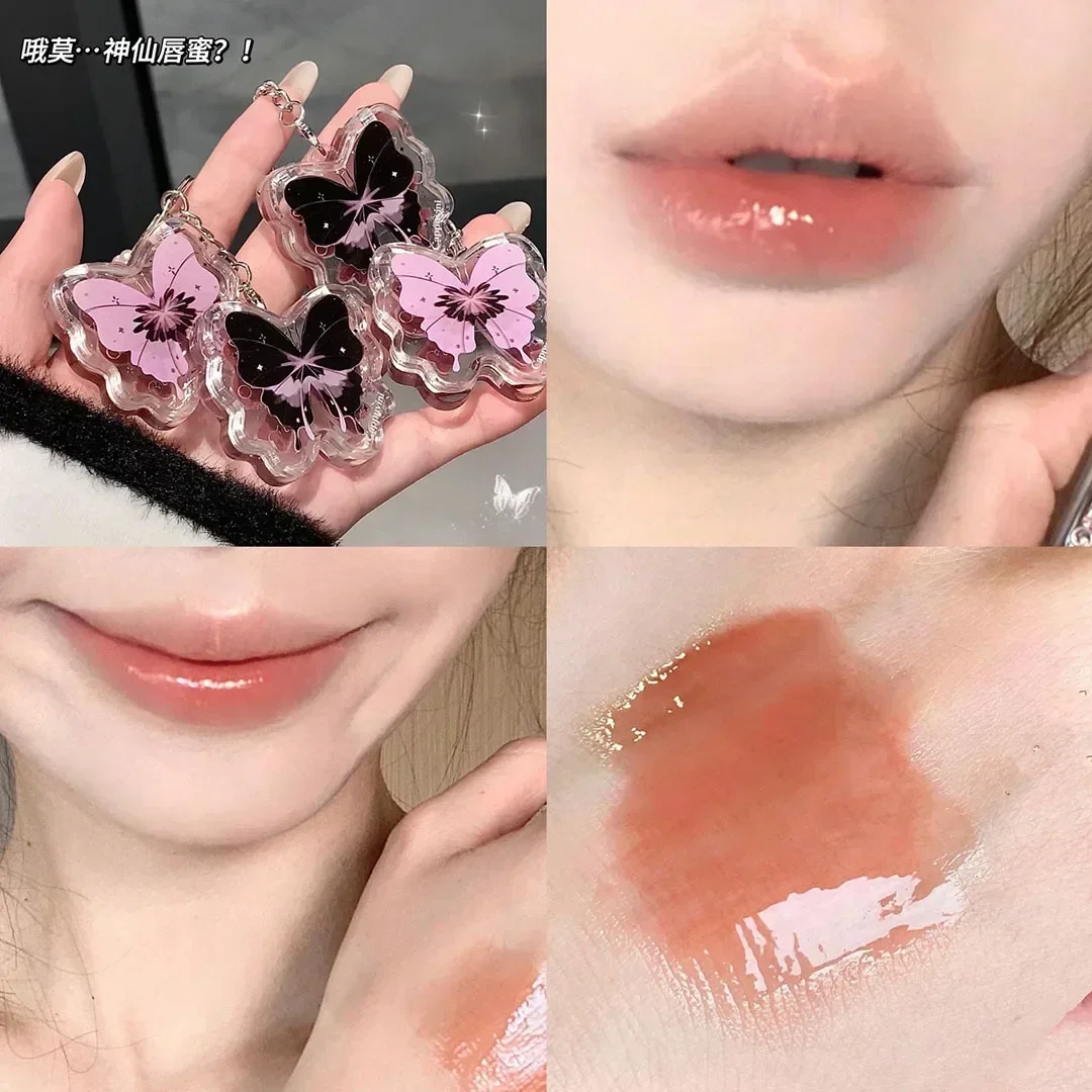 Rouge à lèvres liquide imperméable à l'eau avec miroir papillon, maquillage coréen, baume hydratant portable, brillant à lèvres, cosmétique