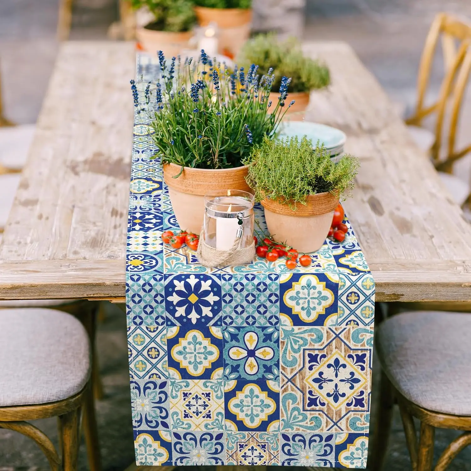 Blue Tile Patchwork Linen Table Runner Holiday Party Decor Reusable Farmhouse Kitchen Dining Table Runner Wedding Decorations