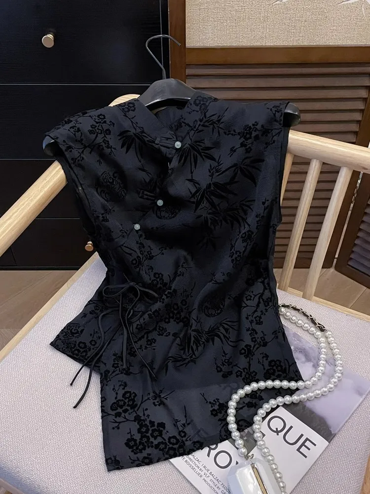 ผู้หญิง Jacquard เสื้อชีฟองสีดําแขนสั้นหลวม TOP Office สวมใส่สบายๆ LACE-Up เสื้อ Lady PLUS ขนาด