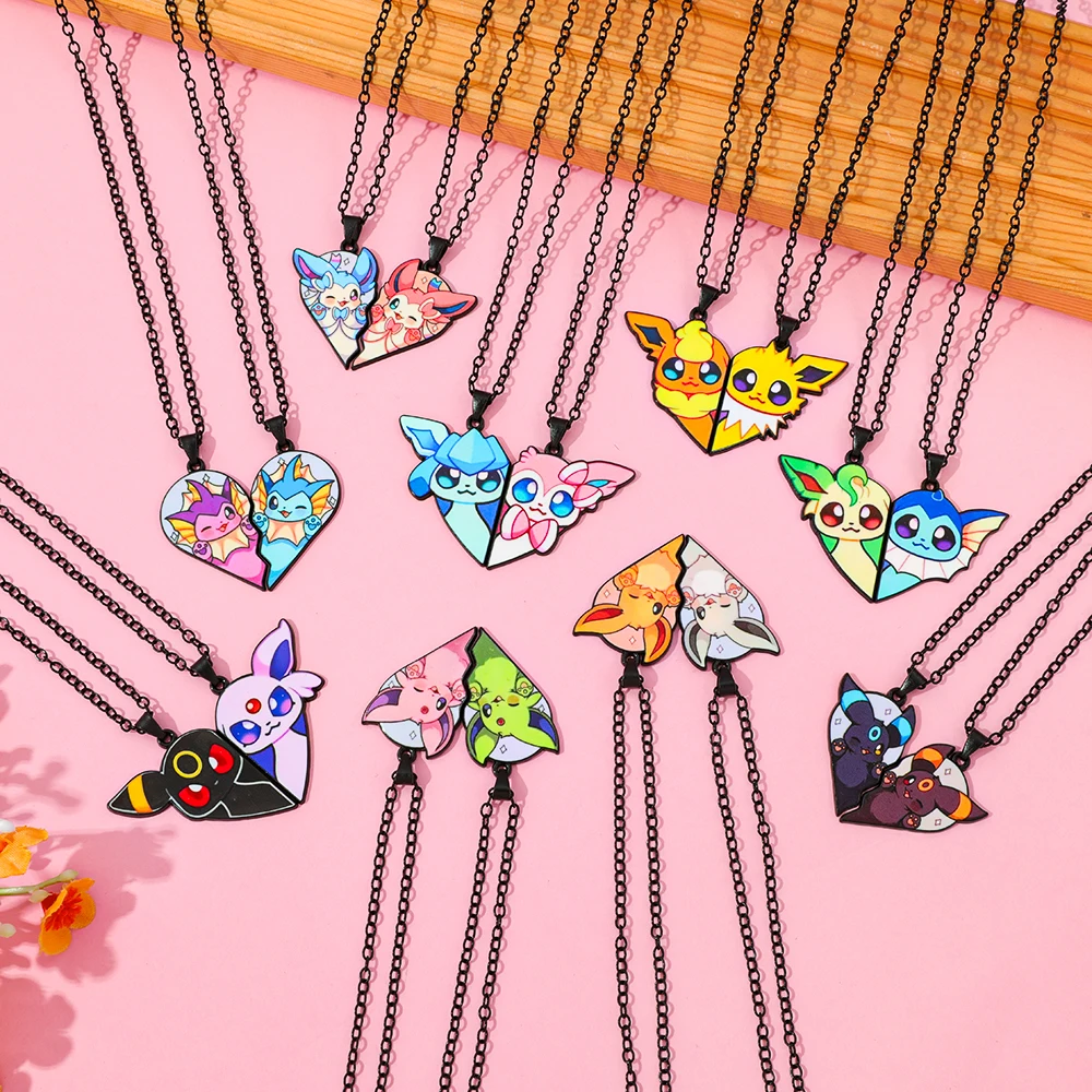 2Pcs Ainme Eevee Love Heart Couple Necklace Set Cute Enamel Pendant Necklaces BFF Matching Jewelry Fans Collectible Gift