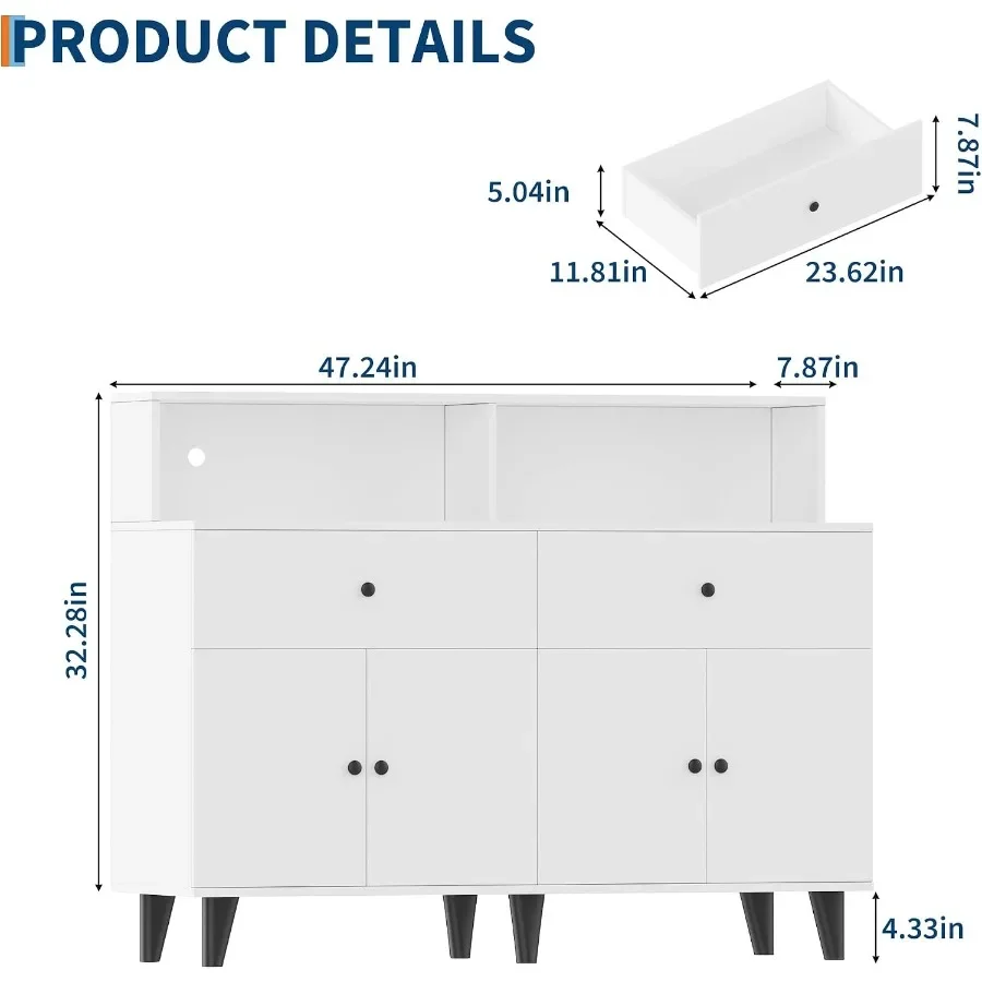 TV stand cabinet for living room and dining room: white wood with LED light, power outlets, drawers, adjustable shelves, and co