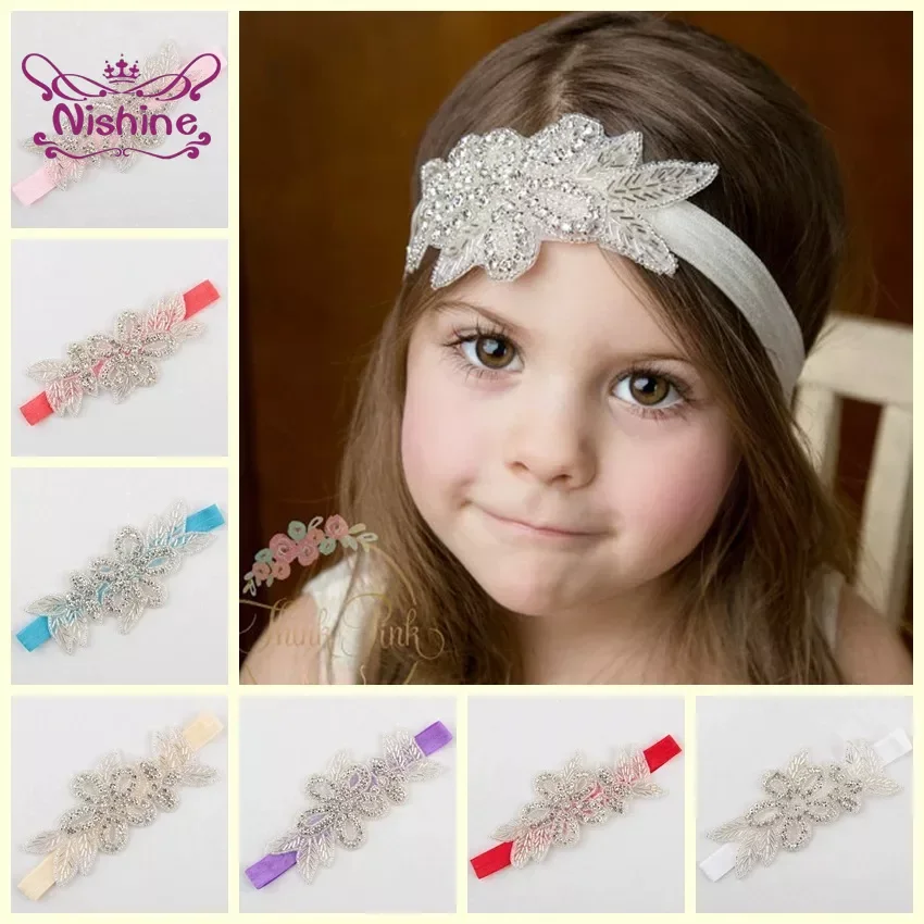 1PCS Baby Girls Crystal Flower Leaf Christening Bridal Elastic Headband Rhinestone Hair Band Kids Party Photography Props