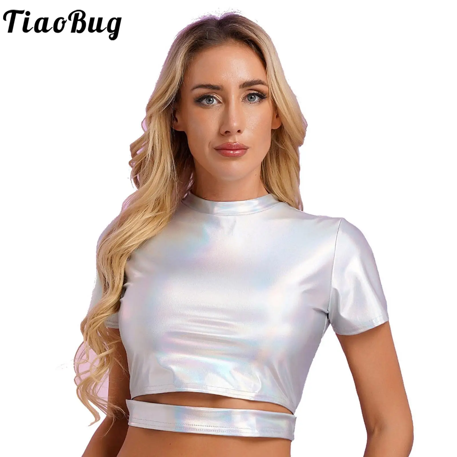 

Women‘s Metallic Shiny Short Sleeve Crop Top Mock Neck Cutout Bodycon Shirts Fashion Slim Blouse for Dancing Party Rave Clubwear