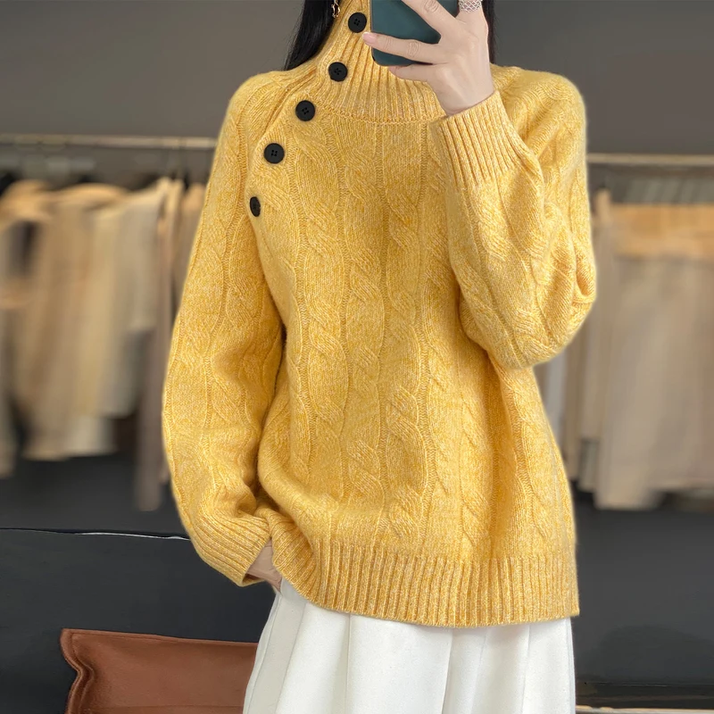 

Осенне-зимний женский толстый свитер из 100% чистой шерсти с полувысоким воротником и пуговицами, свободная вязаная нижняя рубашка из ленивой шерсти