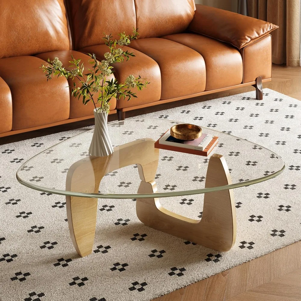 

Coffee Table, Small Glass Coffee Table with Solid Wood Legs, 32.7" Mid Century Triangle Living Room Tables, Modern Center Table