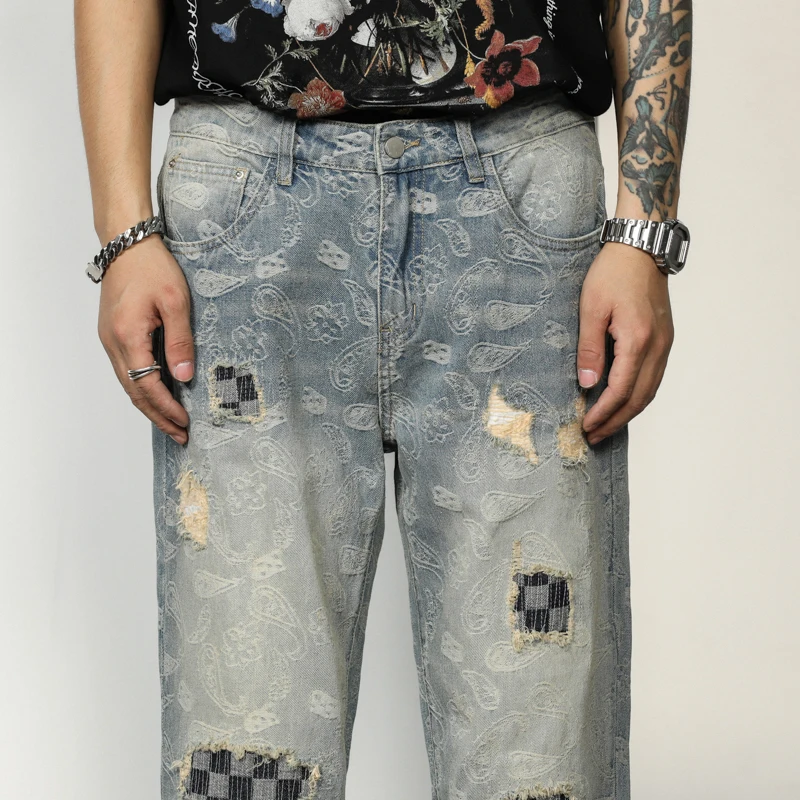 

XL8812 High street tide straight loose trousers retro broken holes patch jeans men's wide-leg peplum trousers