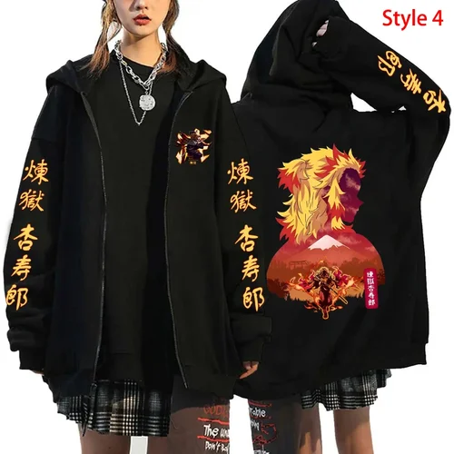 Nuevo Anime Rengoku Kyoujurou estampado cremallera Sudadera con capucha mujeres hombres Otoño Invierno moda manga larga pulóver Casual cremallera sudadera