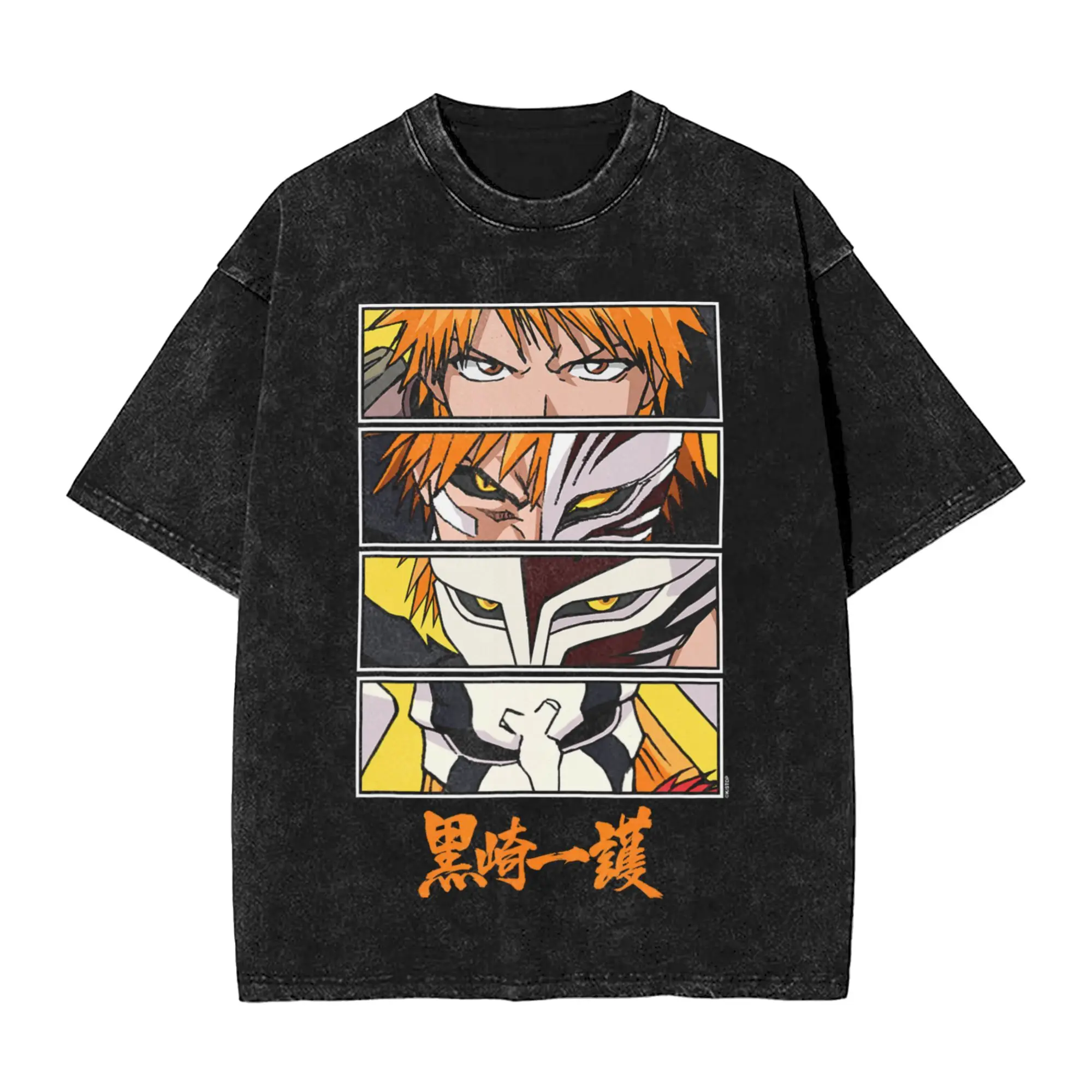 T-shirt oversize délavé Ichigo Mask Evolution Anime Eyes with Kanji, coupe ample pour homme, vêtement décontracté