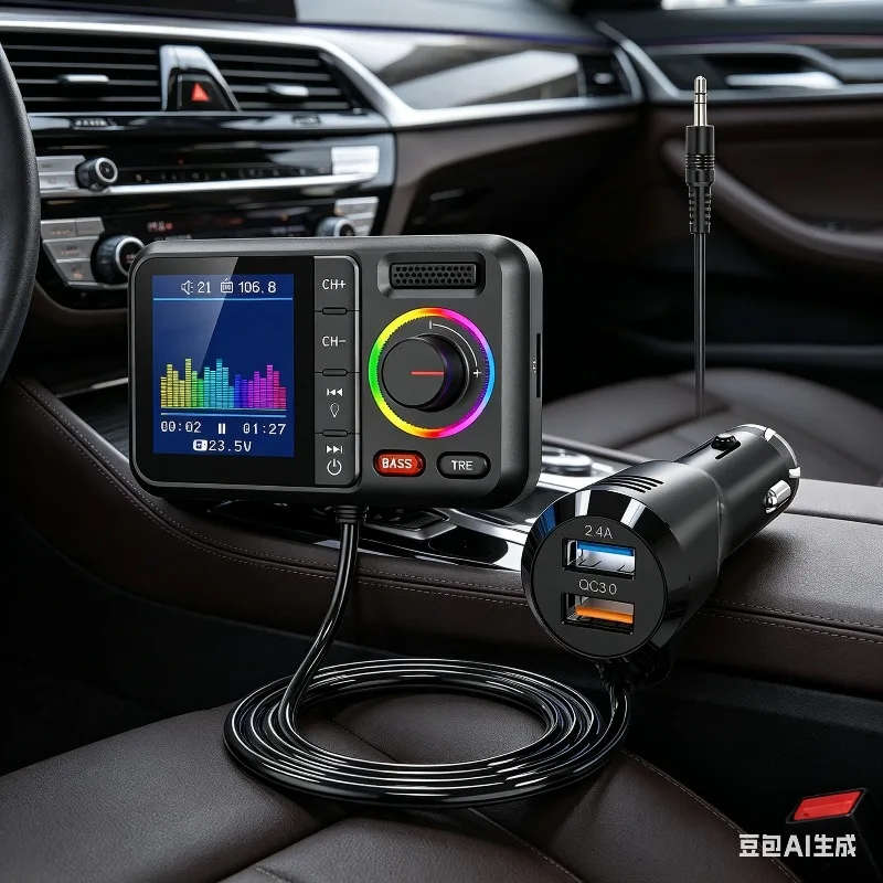 

Bluetooth FM Transmitter with Big Color Screen 2.4A QC3.0 Dual USB Fast Charge Hands-Free Call Car AUX Adapter MP3 Player