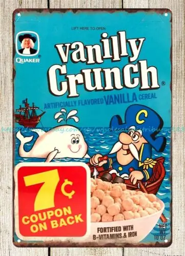 Decoración de pared de reproducción, señal de estaño de metal, cap'vanilly Crunch, cereales 1970s