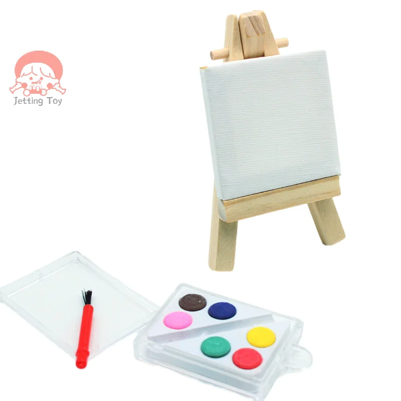 1Set 1:12 Dollhouse Miniature Art Easel Oil Painting Frame Paint Box Suit Mini Drawing Board Artist Paint Pen DIY Model Toys