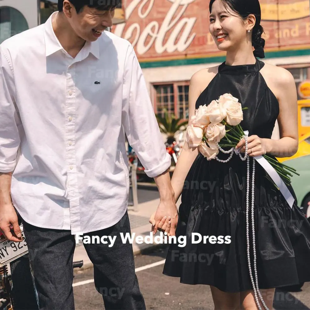

Fancy Simple High Neck Wedding Dress Korea Photo Shoot Sleeveless A Line Taffeta Bridal Gown Mini 웨딩드레스 Customized