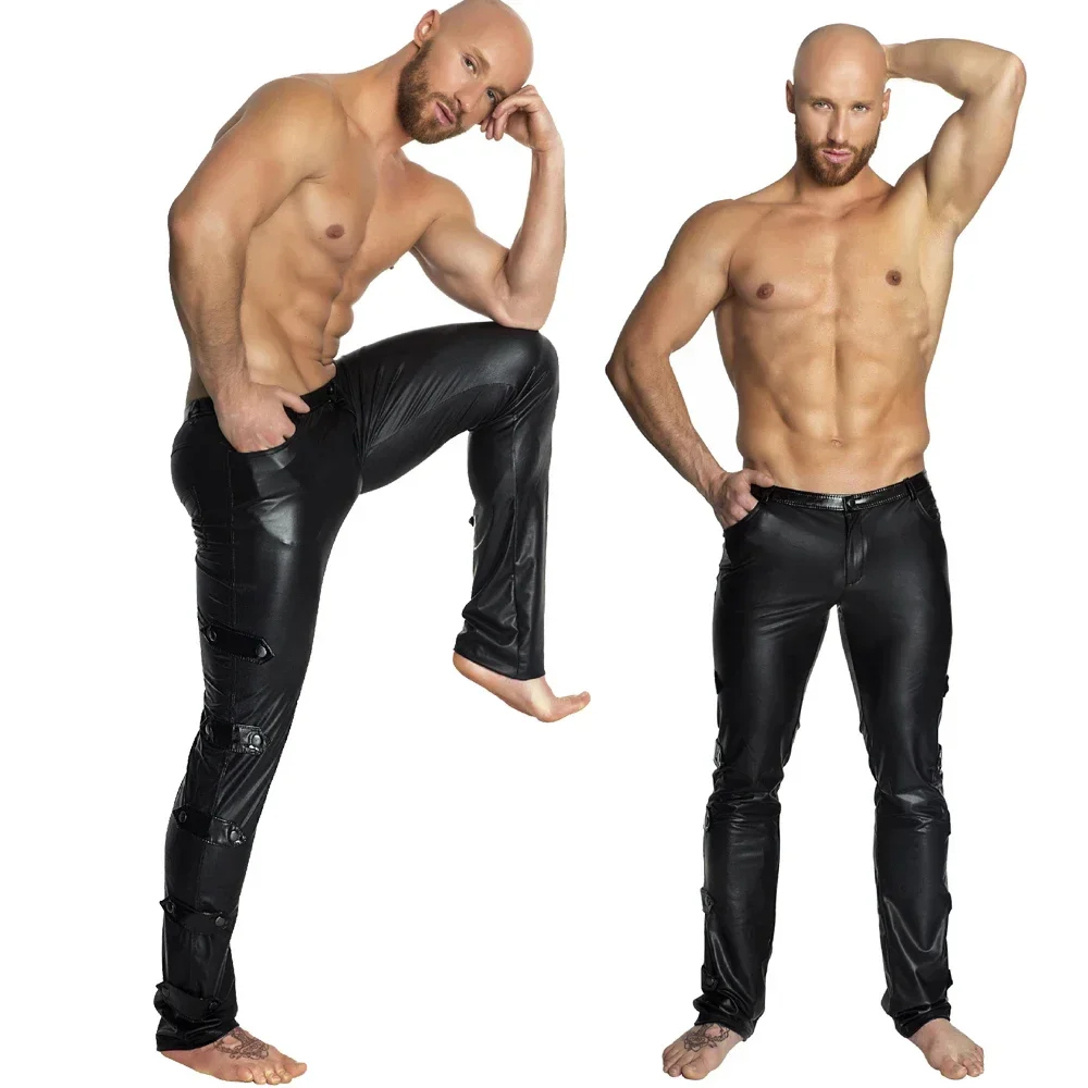 S-2XL Schwarz Glänzende PU Leder Hosen Männer Elastische Slim Fit Hosen Männlichen Casual Motorrad Faux Leder Jogger Hosen