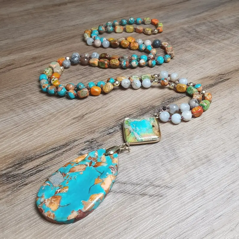 Bohemian Long Beaded Necklace Composite Turquoise Teardrop Pendant Multicolor Natural Stone Handmade Women Statement Jewelry