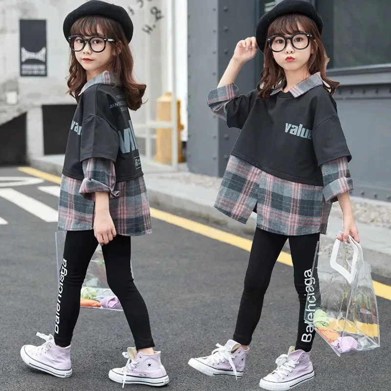 

Girls' Autumn Suit Princess Style Fake Two-Piece Sweater + Leggings Set Spring Clothes All-Match Fashion Children'S Clothing