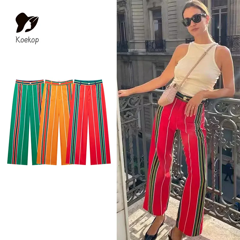 Koekop Women's Fashion Colorblocking Position Printed Striped Trousers Vintage Casual Temperament Chic Lady Slim Trousers