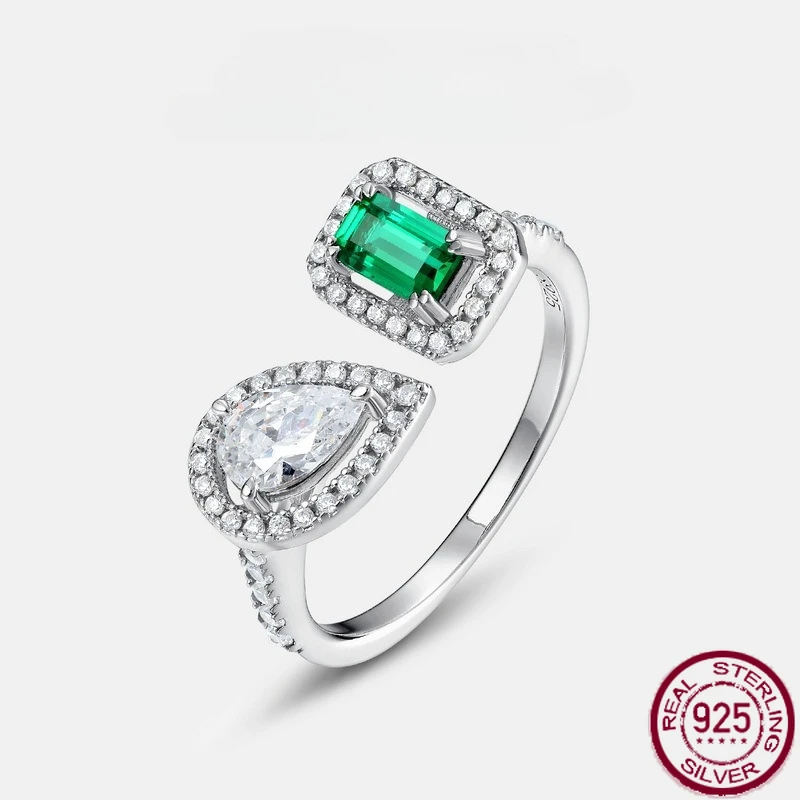 

New 925 pure silver geometric cultivation emerald full set colorful treasure light luxury open finger ring retro wedding jewelry