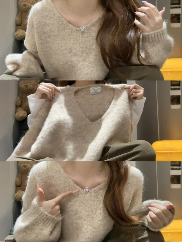 

Korean Lazy Sle Women's Knitted Sweater V-Ne Loose Fit Autumn Winter Soft Nurturing Top Layer Base irt Long Sve