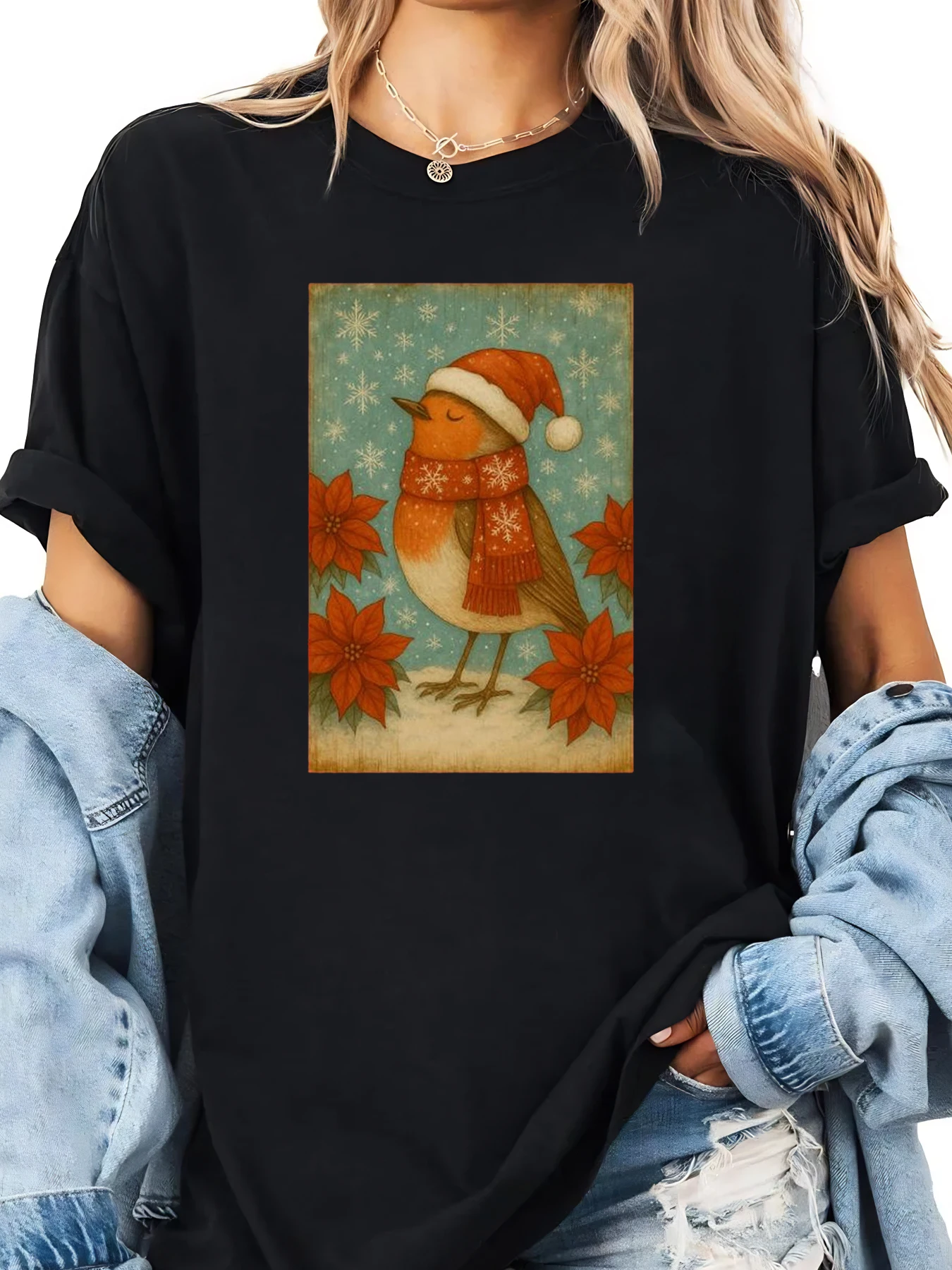 Noël Robin Bird imprimé vacances T-shirt femmes décontracté vêtements d'hiver noir grande taille