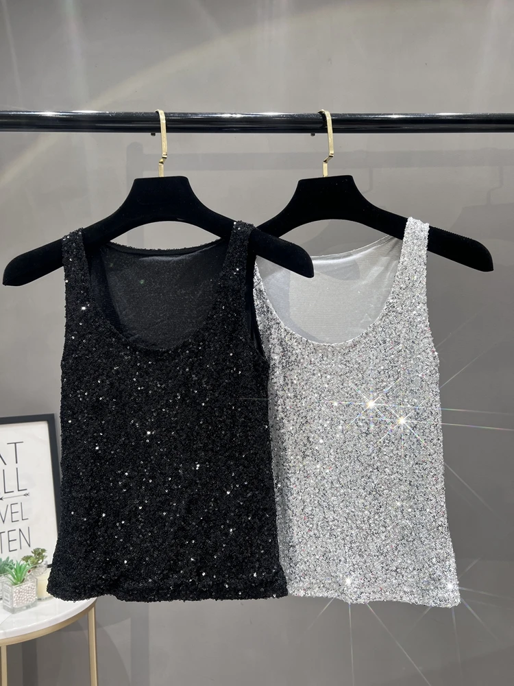 European and American Sequined Niche Style Camisole for Women To Wear Outside and Inside with Sexy Sleeveless Top