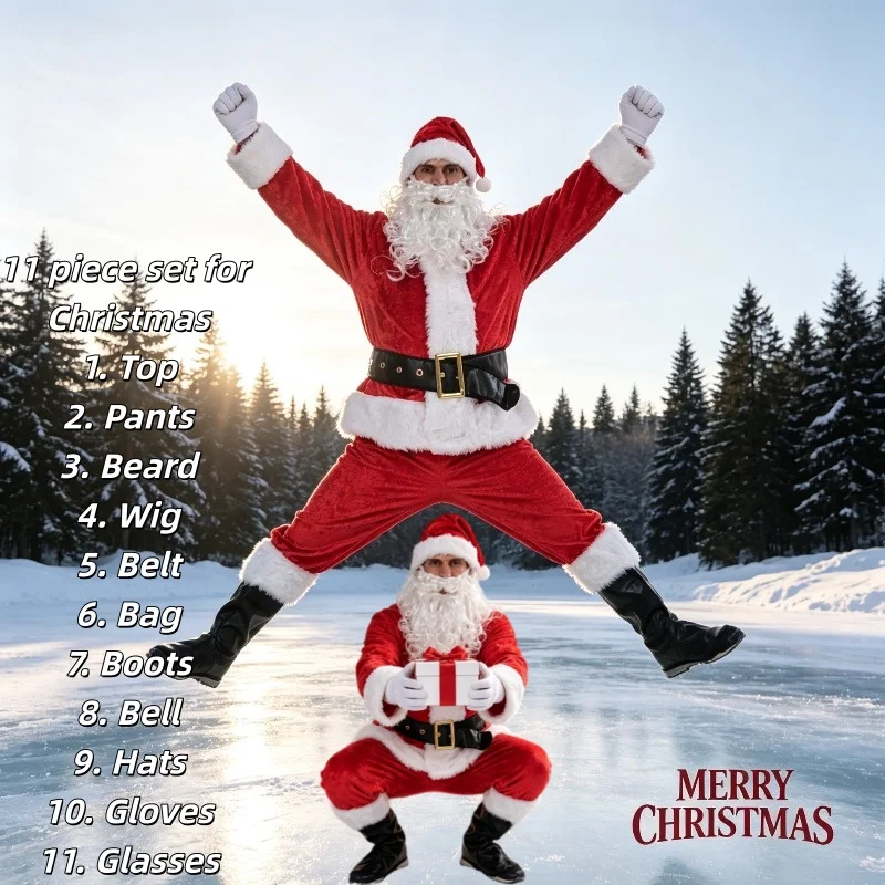 11 Piece Set of Male and Female Santa Claus Costumes S-3XL Durable Velvet Christmas Carnival and Stage Performance Costumes