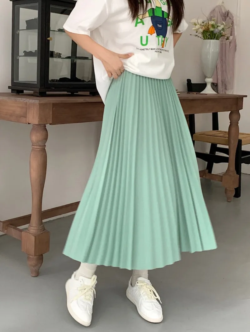 Summer Midi Long Pleated Skirt for Women Korean Style Elastic Waist A-line Skirts Student Female