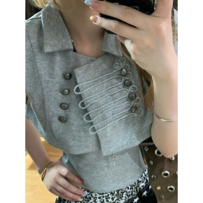 American Vintage Short Sleeve Two-Piece Set With Camisole Women Casual Streetwear Y2k Retro Button Patchwork Niche Bodycon