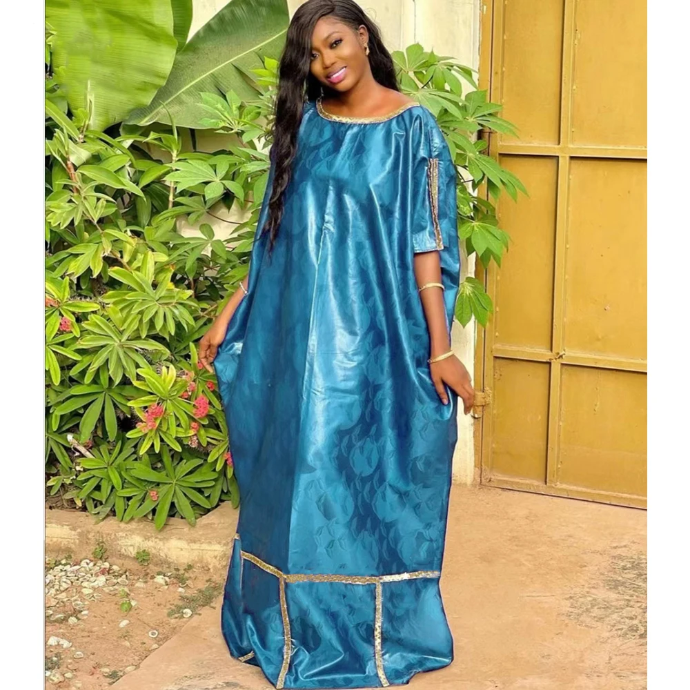 Royal Blue Bazin Riche Long Dresses For African Wedding Women Evening Gowns Basin Riche Dashiki Robe African Clothing