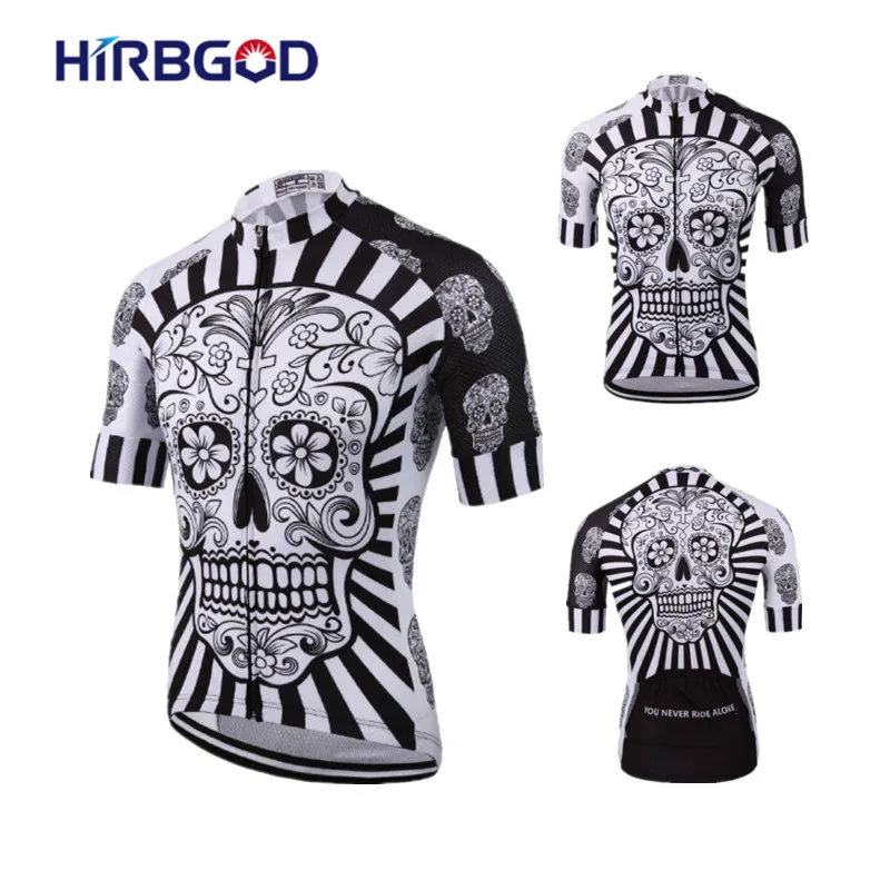 HIRBGOD Cycling Jersey Men Summer Quick Dry Breathable Bicycle Top Shirt White Polyester Skull Printing Pro Team MTB Sportwear