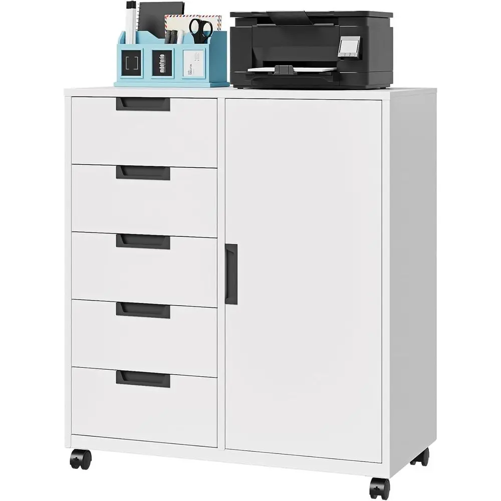 

White 5-Drawer Storage Cabinet with Mobile Printer Stand and Dresser Chest Featuring Shelves and Door for Home Office Use