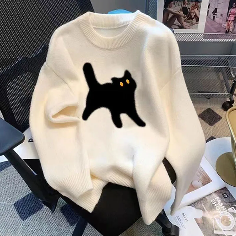 Cute Cat Sweater Women\'s Pullovers Korean Soft Knitwear Jumper Female Tops Long Sleeve O Neck Women Sweater Autumn knit tops