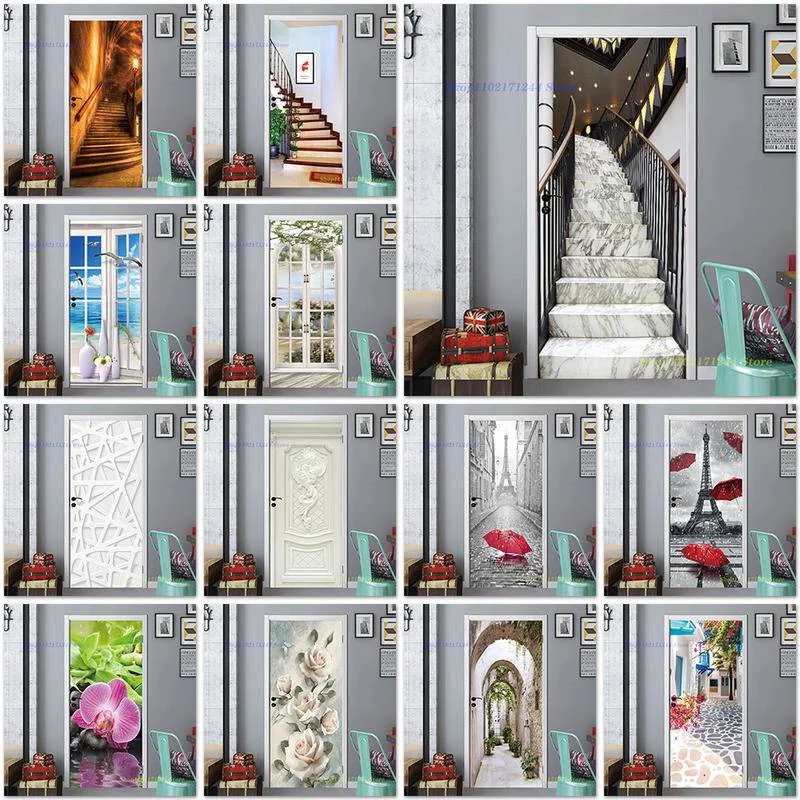 

Custom Modern Stair Vinyl 3D Door Sticker Light Luxury Wall Paper Living Room Decor Paris Street Corridor Mural Wallpaper