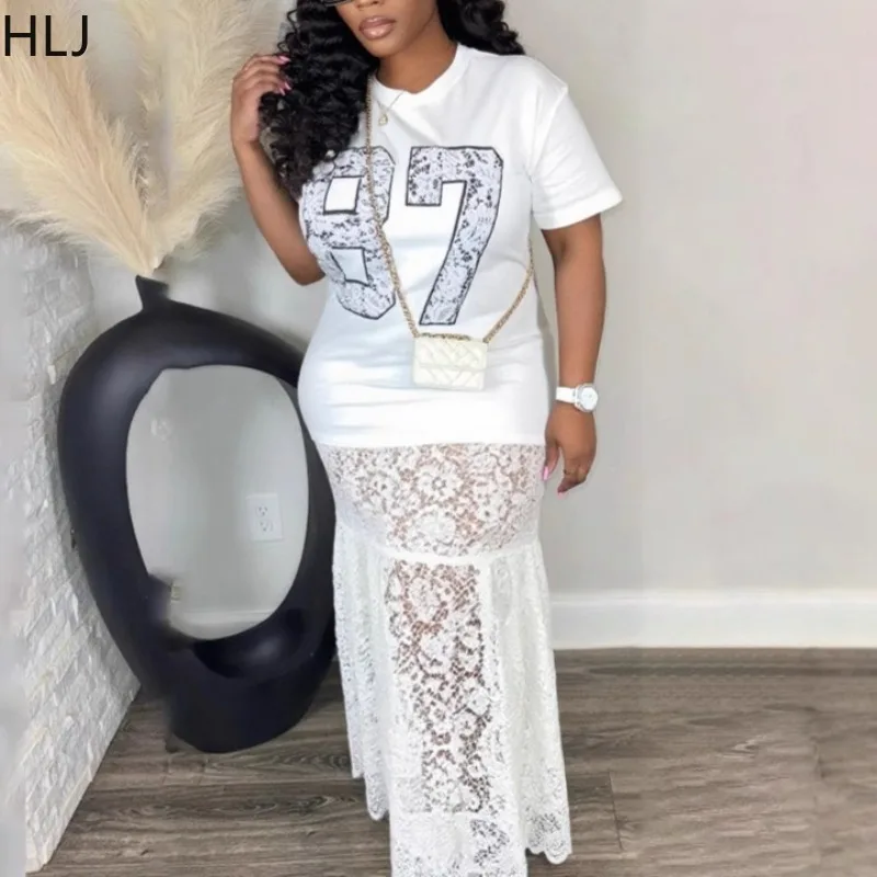 HLJ Sexy lettre impression moulante t-shirt robe longue femmes voir à travers manches courtes dentelle Patchwork robes femmes robes nouveau