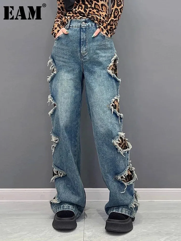 

[EAM] High Waist Leopard Print Burr Denim Long Casual Wide Leg Jeans New Women Trousers Fashion Tide Spring Autumn 2024 1DH5214