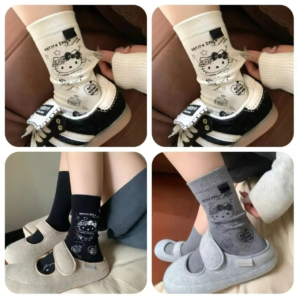 3-Pack Mid-Calf Socks - Cute Grey and White Polyester Fiber - Fashionable Ladies' Socks for Autumn and Spring