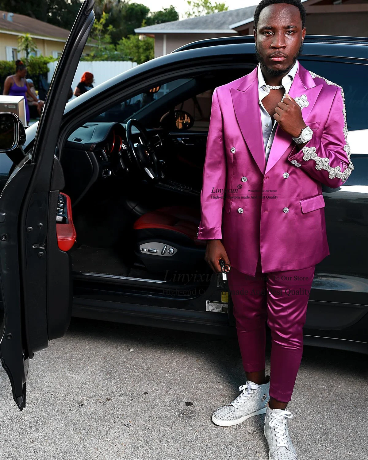 

Sparkly Beaded Crystals Men Suits Double Breasted Groom Tuxedos Slim Fit Male Prom Blazer 2 Pieces Set Wedding Costume Homme