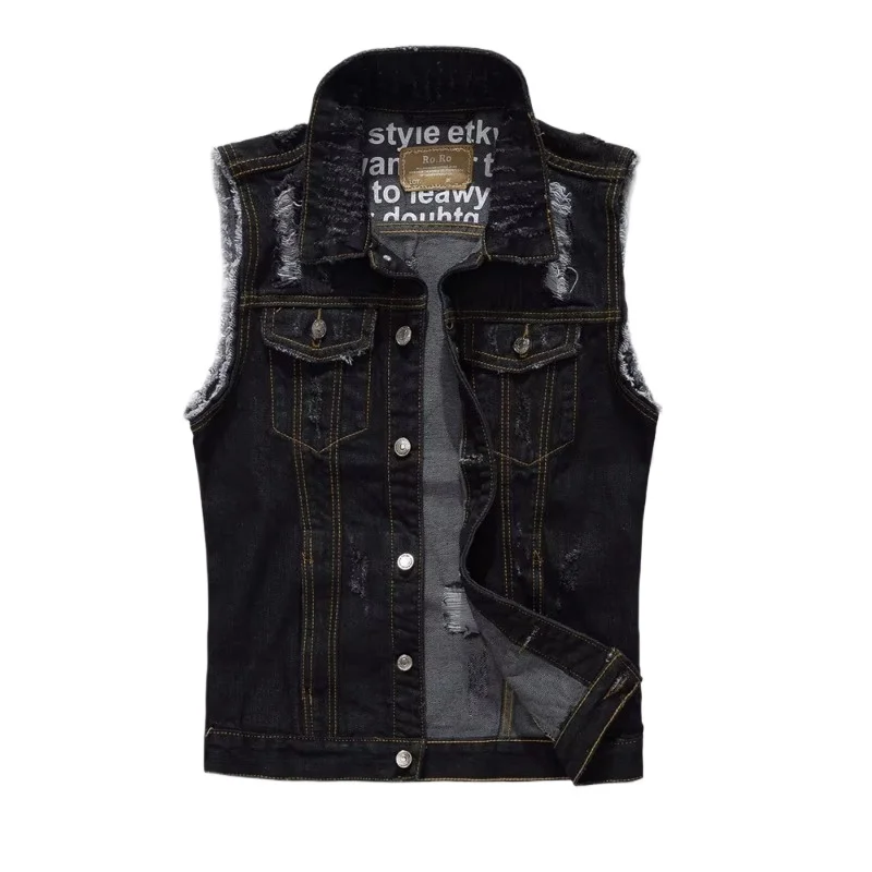 New Summer Men Light Blue Denim Vests Jackets Fashion Male Denim Waistcoats Vests Man Cotton Streetwear Holes Jeans Vests 5XL