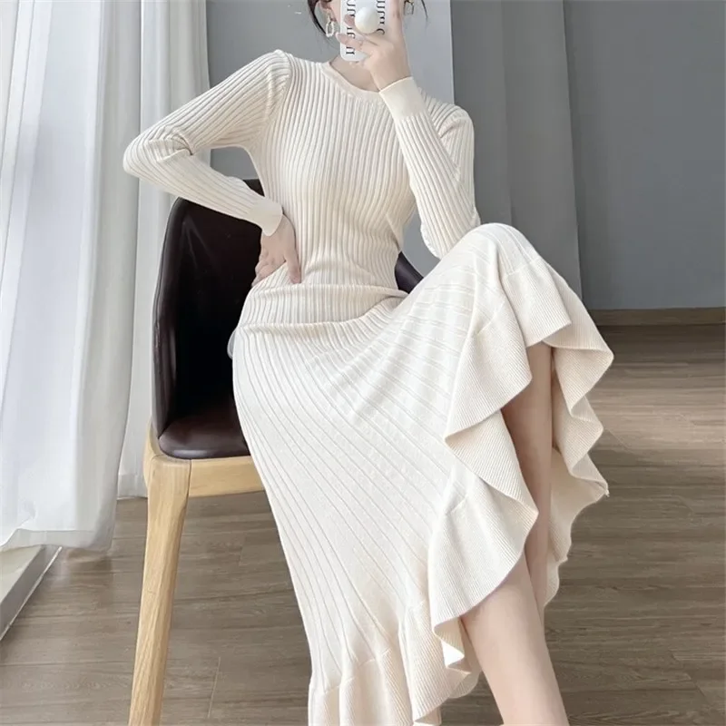 

Women Knitted Fishtail Dress Autumn Winter Long Maxi Sweater Dresses Slim Knit Round Neck High Waist Elegant Work Vestidos