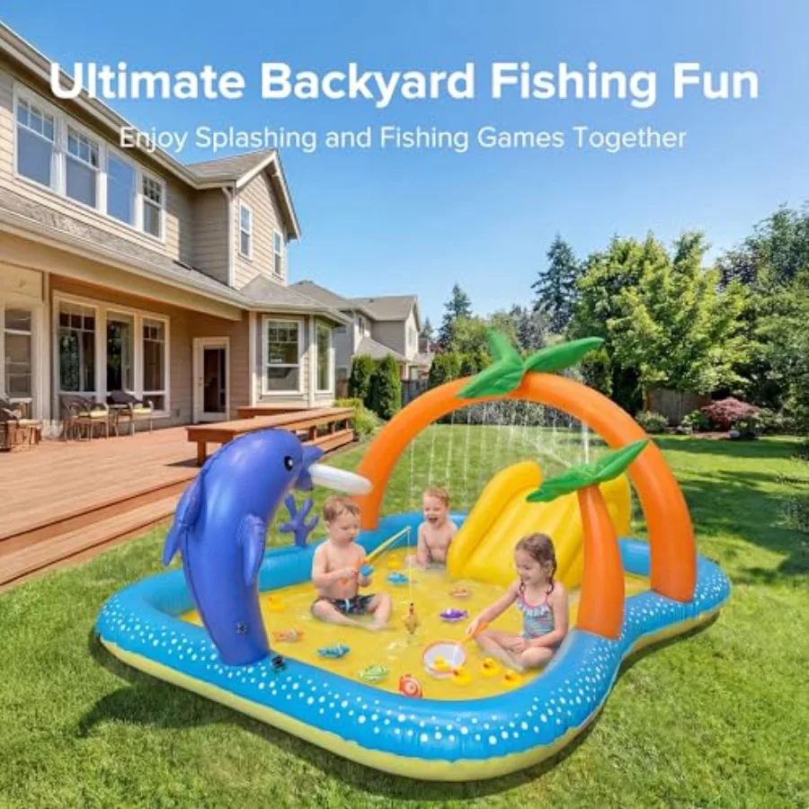 Inflatable Play Center for backyard use, PVC material, blue and yellow color, includes slide and sprinkler for summer water fun