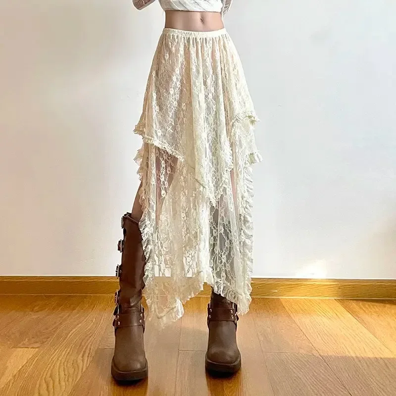 

Lace Asymmetrical Skirt Fairycore Women Vintage Y2K Boho Aesthetic Fashion High Waist Mid Skirts Lady Holiday Outfits